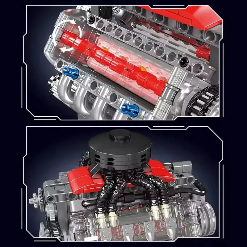 LAQTA V8 engine model showing detailed metal and plastic components with visible cylinders and wiring.