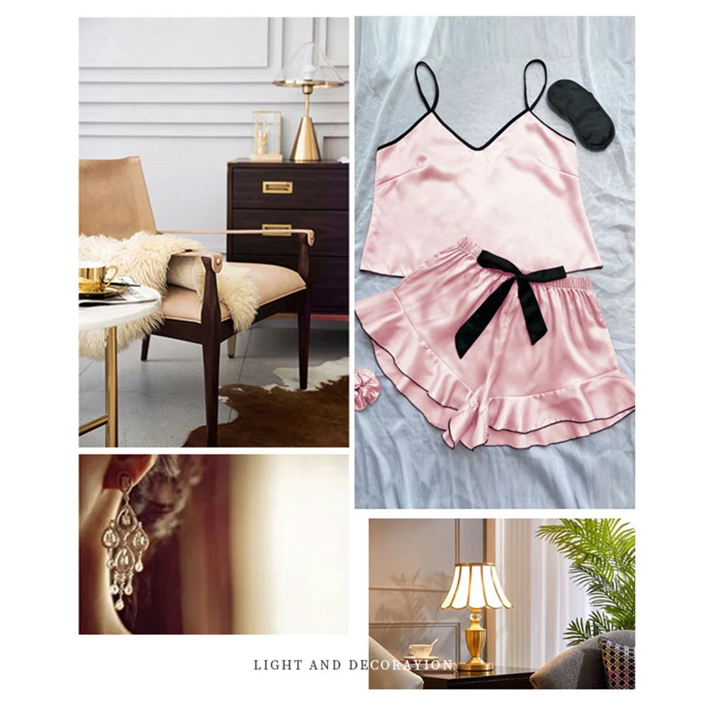 Women's smooth satin pajama set with V-neck T-shirt in soft, shiny fabric, featuring a comfortable fit and elegant design.