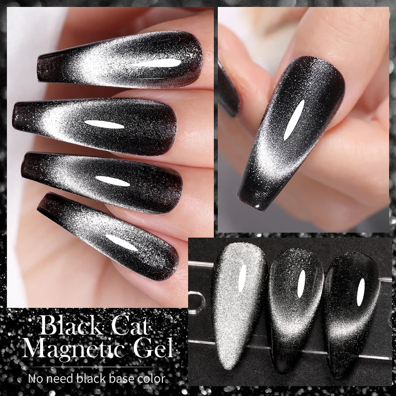 Black crystal cat-shaped magnetic gel by LAQTA, featuring a sleek black crystal design on a transparent background.