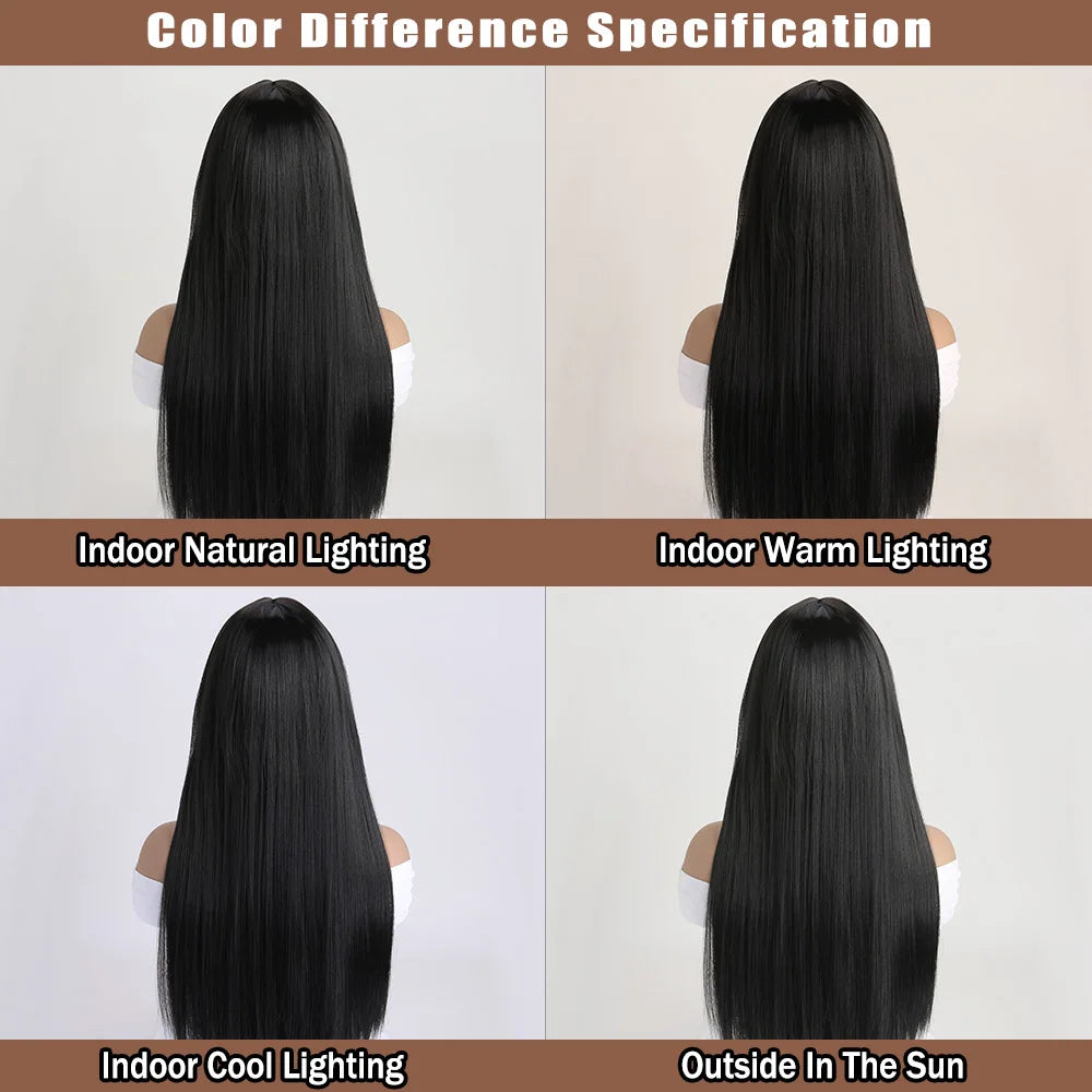 Long straight synthetic wig by LAQTA showcasing sleek, smooth hair with a natural shine and straight style on a neutral background.