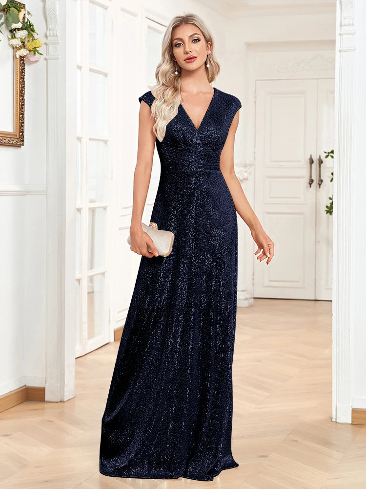 Elegant V-neck mermaid evening dress by LAQTA featuring a fitted silhouette and flowing fabric for formal occasions.
