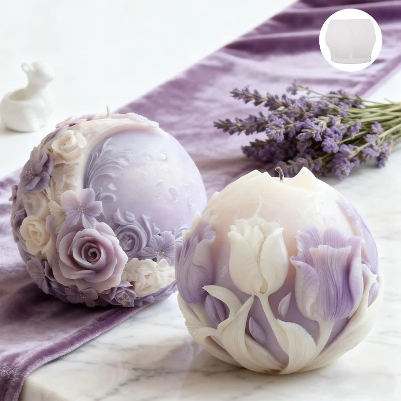 LAQTA floral moon ball spherical candle silicone mold showing detailed flower patterns and smooth edges.