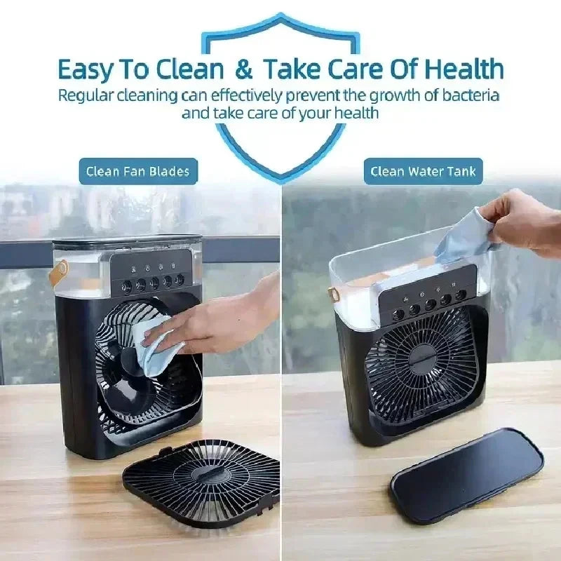 LAQTA 3-in-1 fan air conditioner showing compact design with adjustable fan blades and control panel in a modern setting.