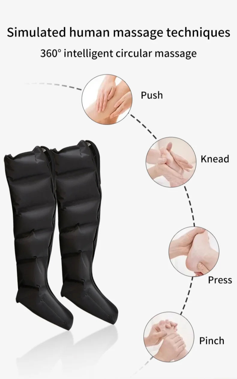 LAQTA electric pneumatic leg massager with adjustable straps, showing its control panel and cushioned design for leg relaxation.