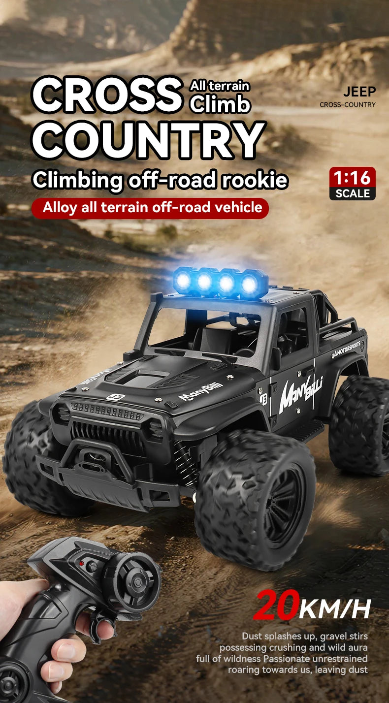 LAQTA 2.4GHz remote control Jeep shown with detailed exterior design and large tires for off-road play.