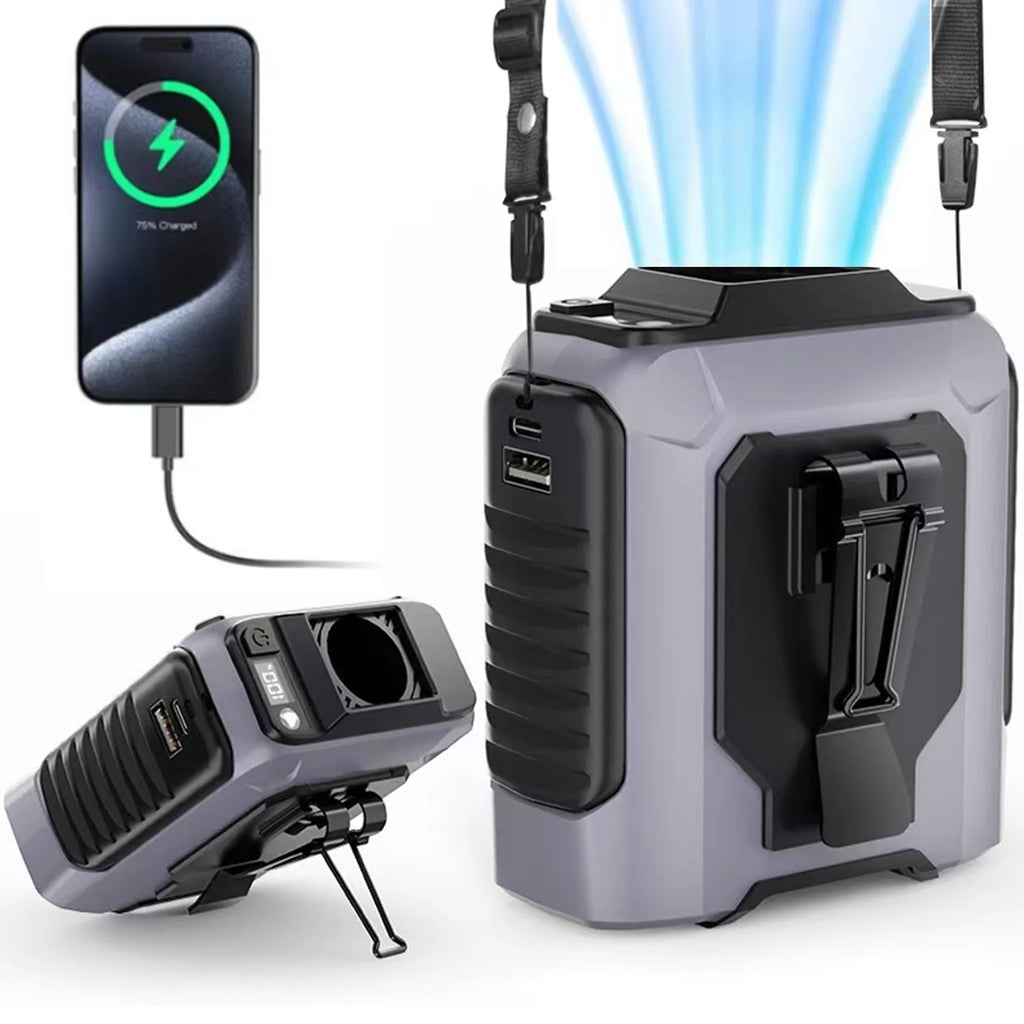 LAQTA extra-large battery waist fan with adjustable straps and cooling vents, designed for personal comfort and portable cooling.