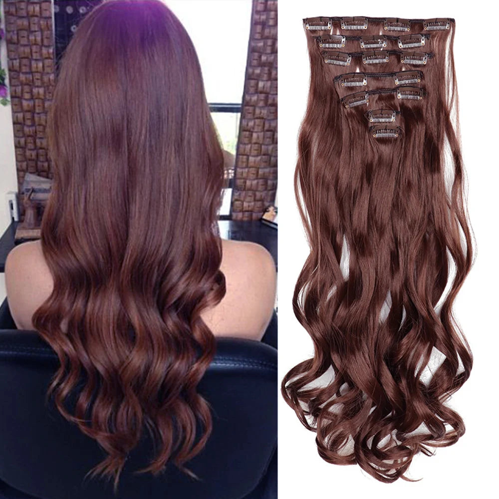 LAQTA clip-in hair extensions with long, thick, natural-looking straight hair in a rich brunette shade, styled with gentle waves.