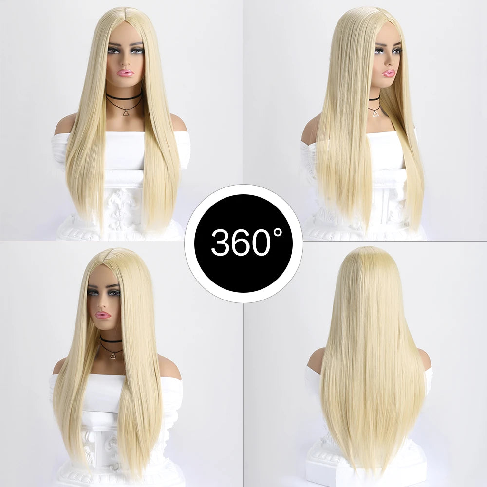 Long straight synthetic wig in natural black, styled with sleek, smooth strands, from LAQTA.