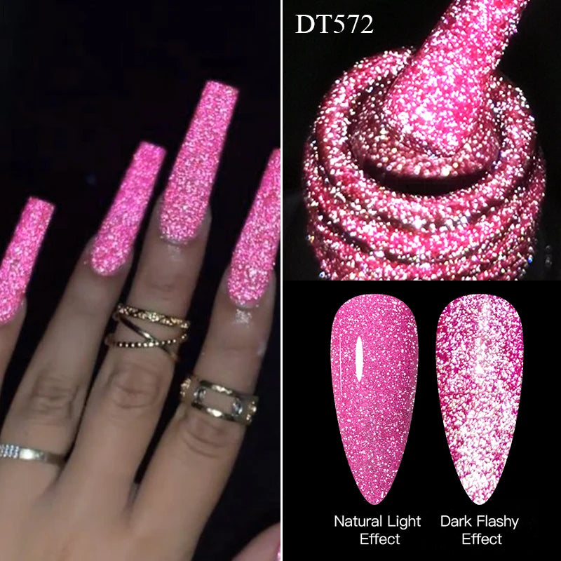 LAQTA fluorescent reflective gel nail showcasing vibrant, glowing nail polish with a shiny finish on a natural hand model.