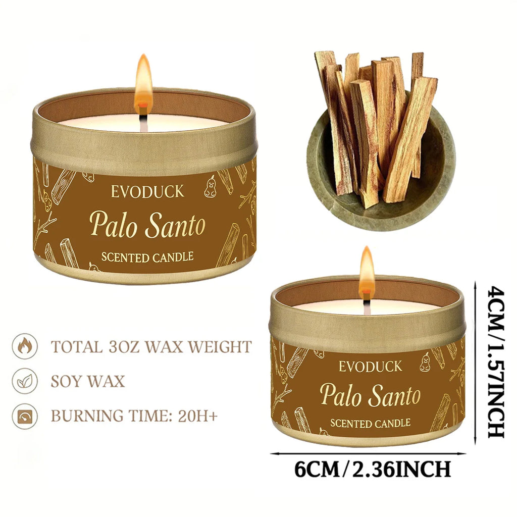 LAQTA Palo Santo scented candles in glass jars, featuring warm candle flames and natural Palo Santo aroma.