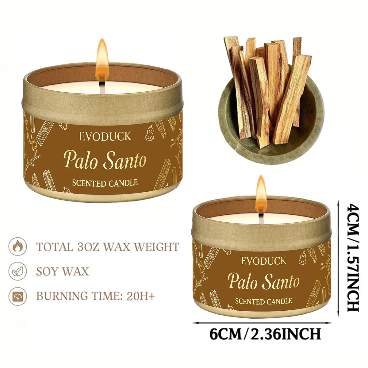 LAQTA Palo Santo scented candles in glass jars, featuring warm candle flames and natural Palo Santo aroma.