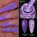 LAQTA fluorescent reflective gel nail polish in a vibrant color, shown on a hand with nails highlighted under UV light.
