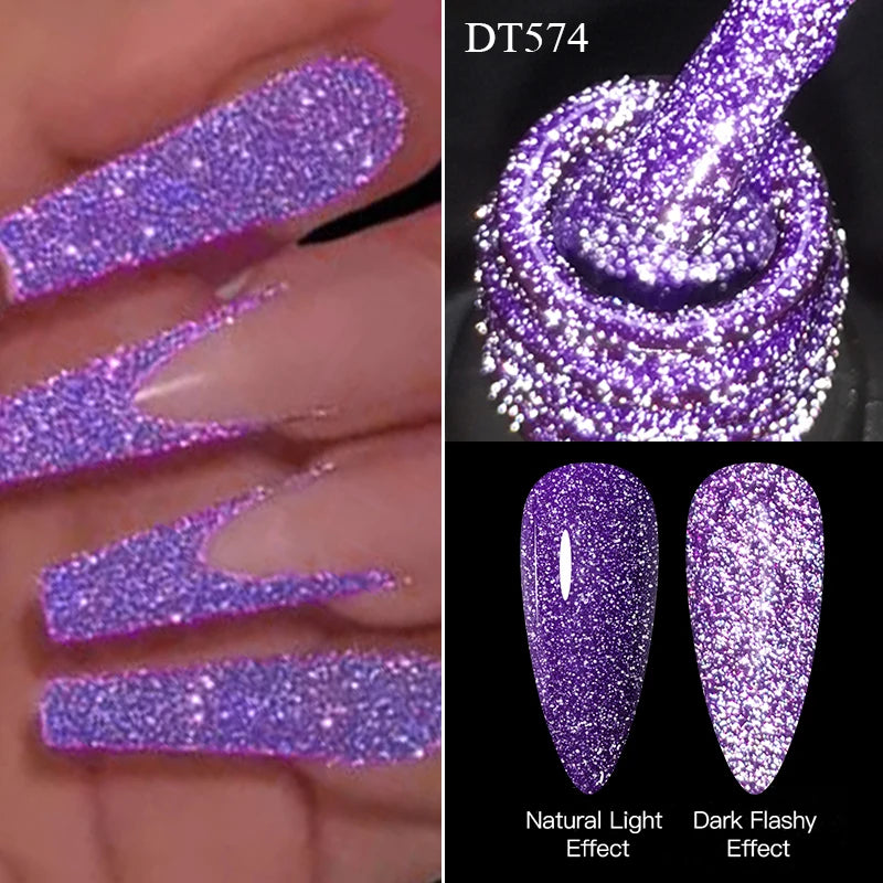 LAQTA fluorescent reflective gel nail polish in a vibrant color, shown on a hand with nails highlighted under UV light.