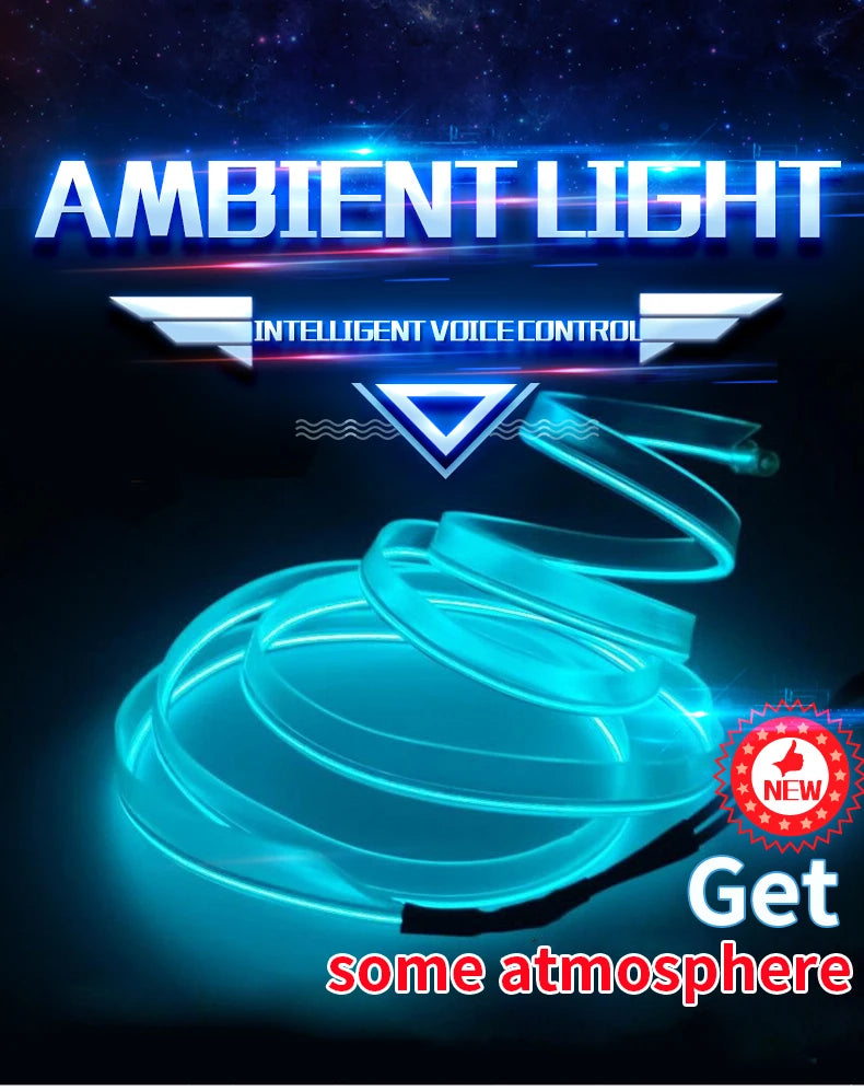 LAQTA car interior atmosphere lighting LED strip installed along dashboard and doors, emitting colorful ambient light inside vehicle.