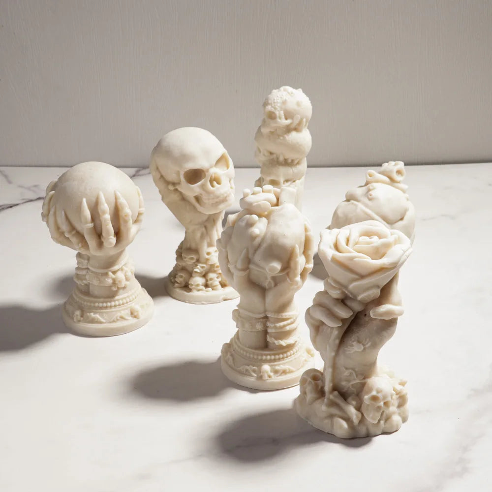 LAQTA Rose Relief Skull Candle Silicone Mold showing detailed skull shape with rose relief design for candle making.