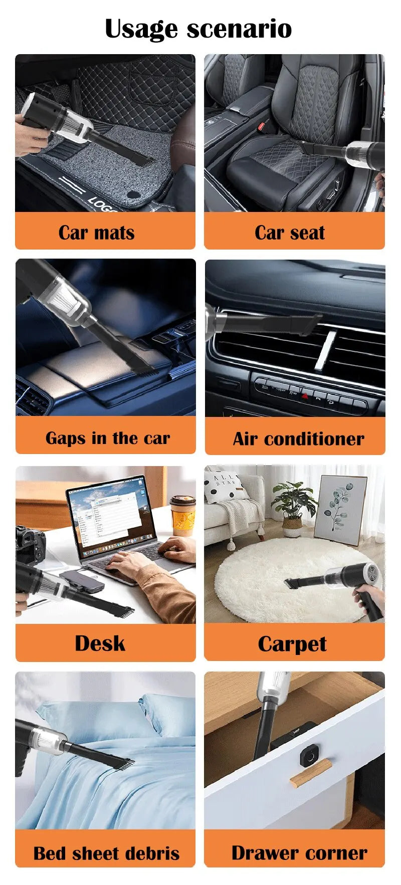 LAQTA wireless car vacuum cleaner with handheld design and nozzle, shown in use inside a vehicle for cleaning car interior.