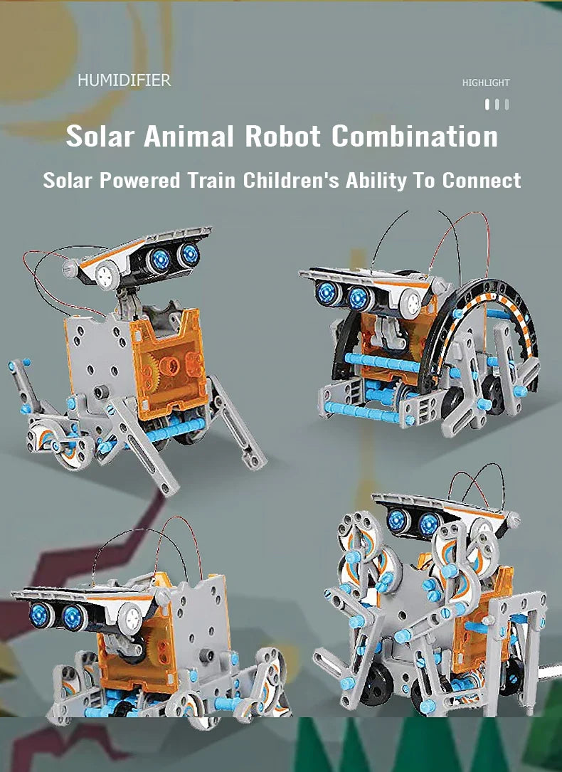 LAQTA 12-in-1 science experiment solar robot toy showing assembled solar-powered robot with arms and legs on a white background.