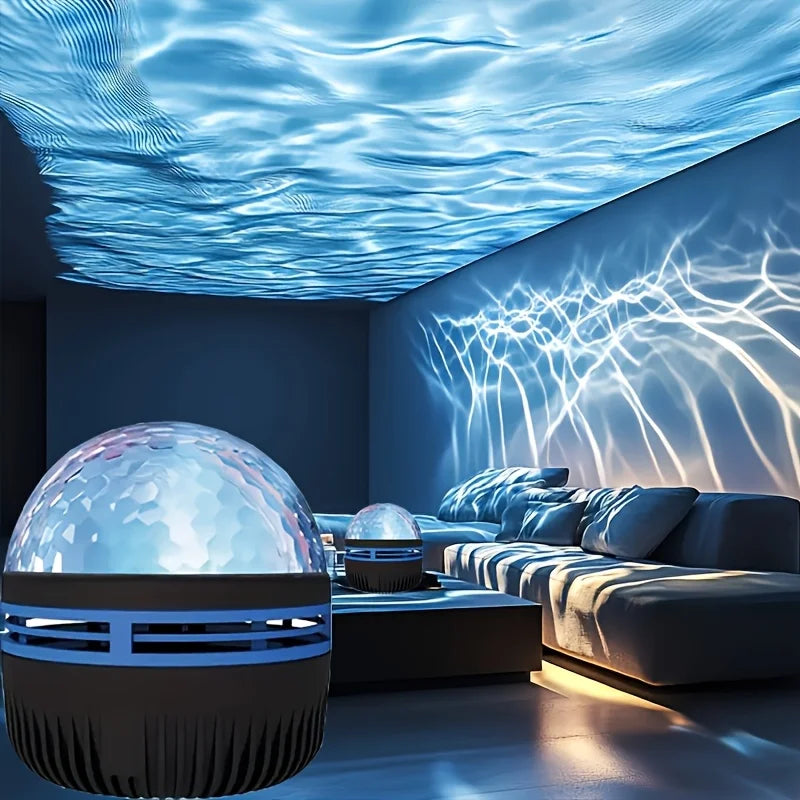 LAQTA powered water wave effect projector displaying vibrant water wave patterns on a wall in a dark room.