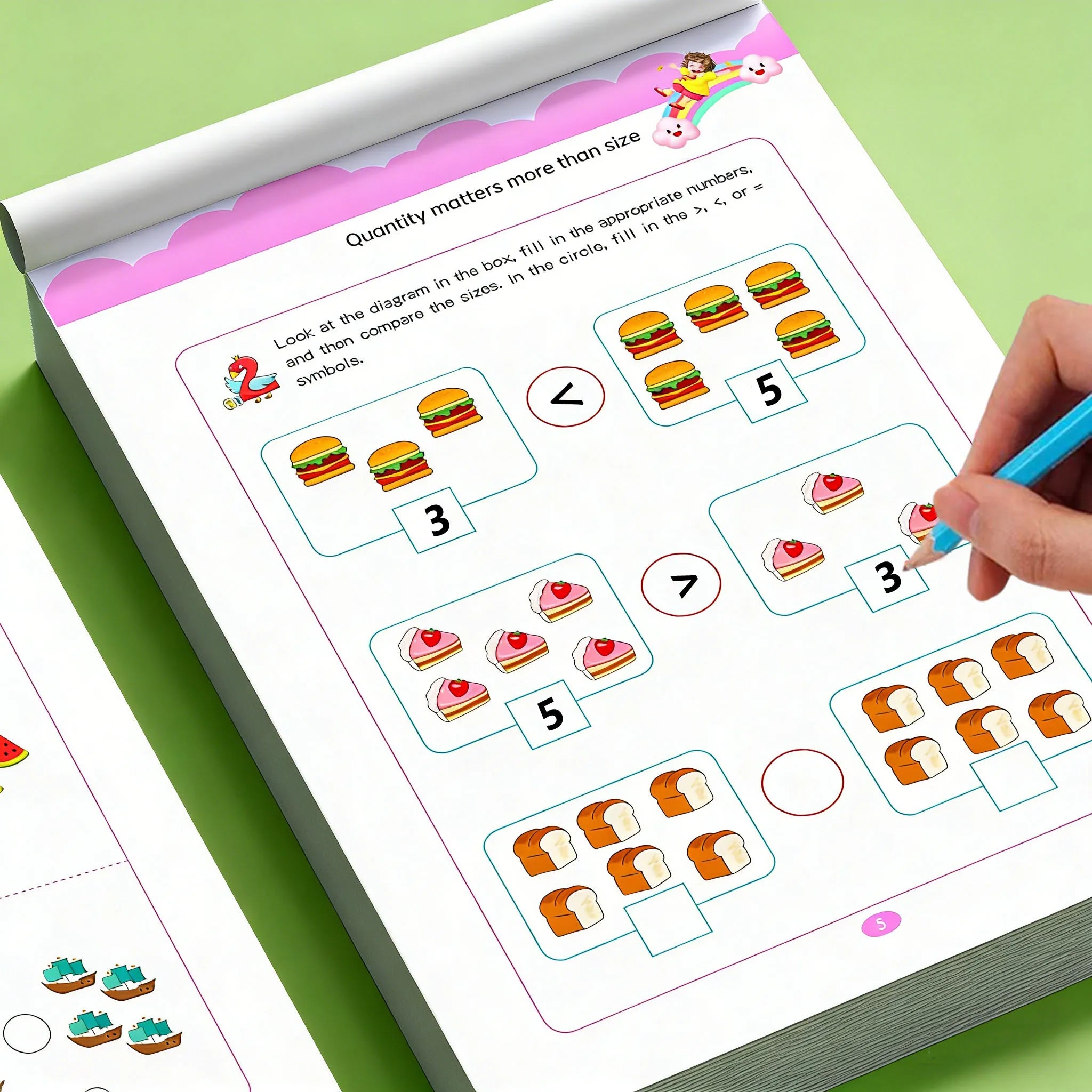 LAQTA math workbook with colorful pages and exercises for students to practice math skills and improve understanding.