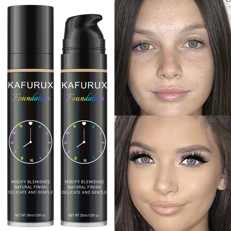 LAQTA liquid foundation with 8 color options, featuring bottles of different shades for a natural makeup look.