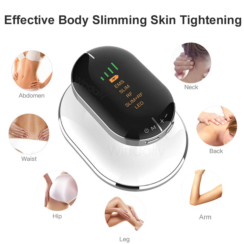 LAQTA EMS and RF radio frequency body slimming machine with control panel and applicators for non-invasive fat reduction.