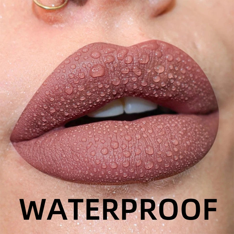 LAQTA matte velvet lip gloss in a sleek tube, showcasing its rich, velvety texture and deep color shade.