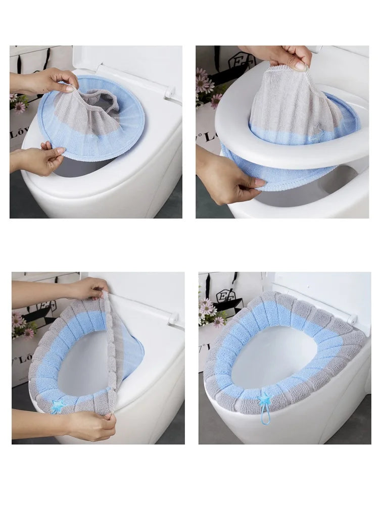 Colorful stitched portable knitted toilet mat by LAQTA, showing soft, textured fabric with stitched edges for comfort.