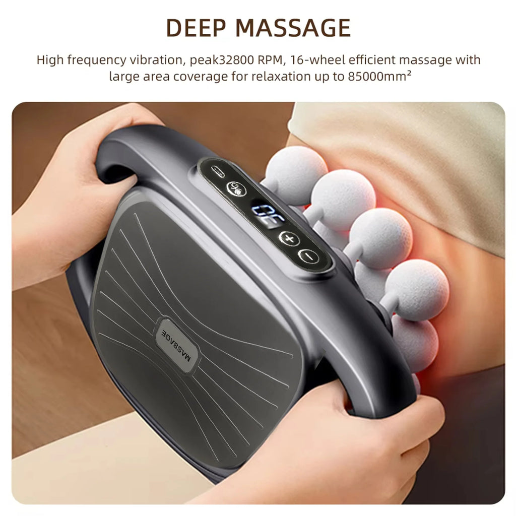 LAQTA massager gun set with multiple attachments, showing the sleek handheld device on a white background for muscle relaxation.