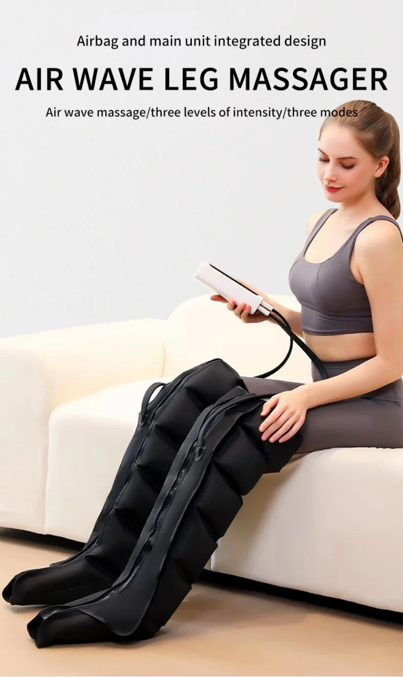 LAQTA electric pneumatic leg massager showing adjustable straps and control panel for soothing leg relaxation.