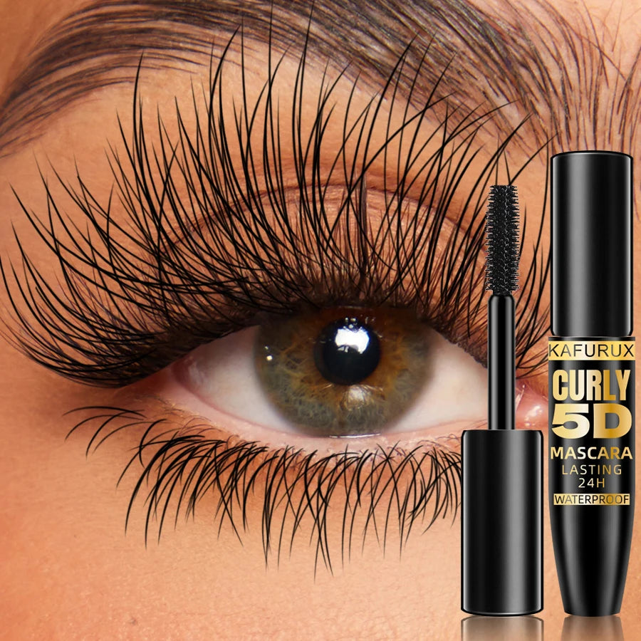 LAQTA 5D Black Waterproof Mascara wand with volumizing and lengthening brush, showcasing rich black color and waterproof formula.
