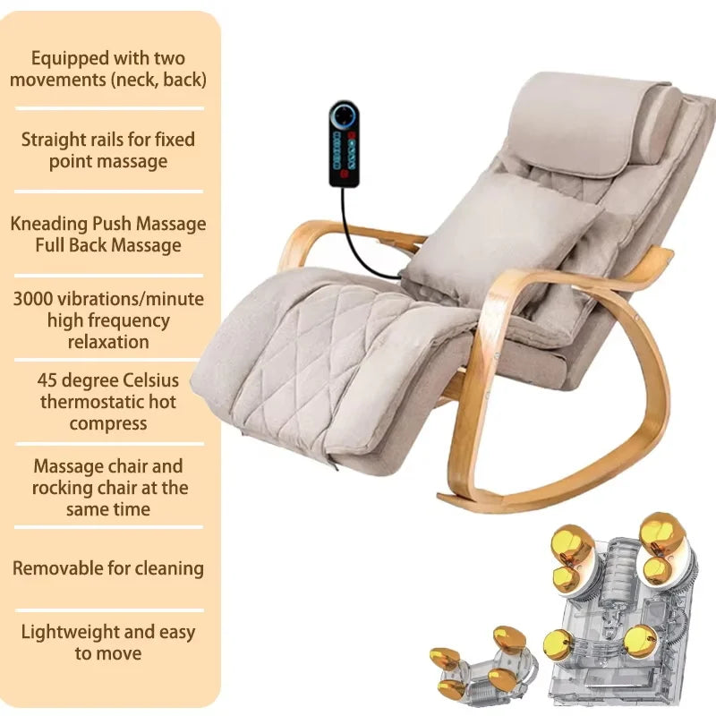 LAQTA electric rocking massage chair with padded armrests and reclining feature, designed for relaxing comfort.