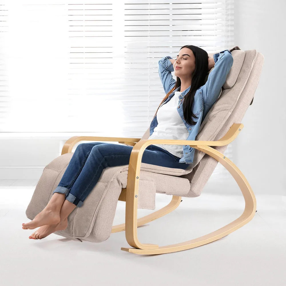 LAQTA electric rocking massage chair with padded armrests and reclining feature, designed for relaxation and comfort.
