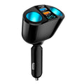LAQTA dual-port car charger adapter connected to a vehicle’s cigarette lighter socket with two charging ports visible.