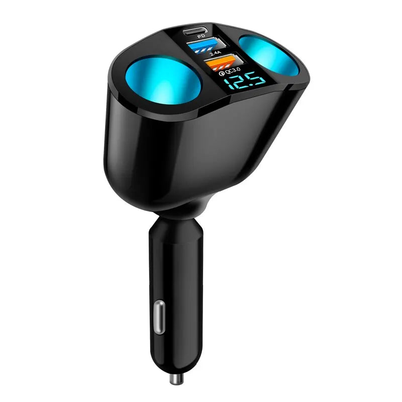 LAQTA dual-port car charger adapter connected to a vehicle’s cigarette lighter socket with two charging ports visible.