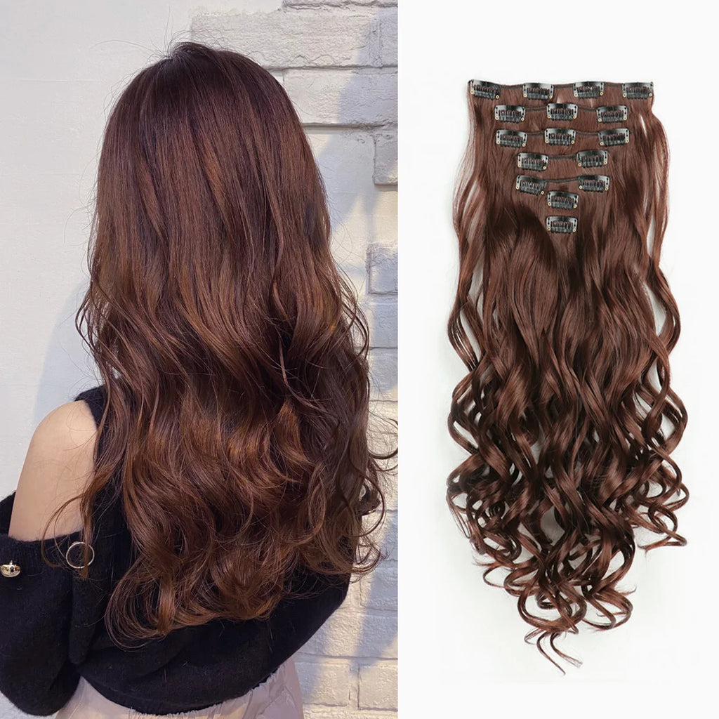 LAQTA clip-in hair extensions with long, voluminous hair in natural shades, showing the seamless attachment clips.