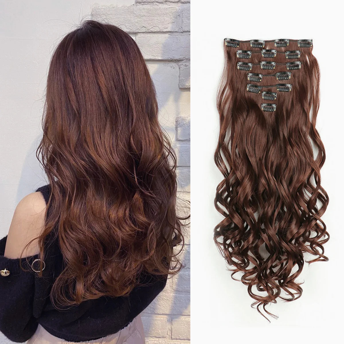LAQTA clip-in hair extensions with long, voluminous hair in natural shades, showing the seamless attachment clips.