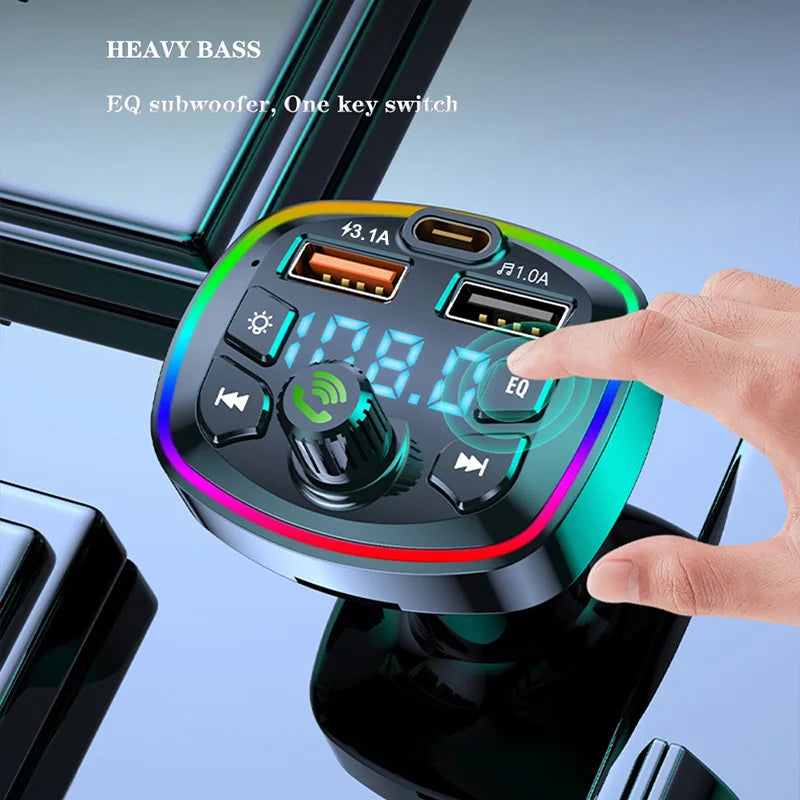 LAQTA Car Bluetooth 5.0 FM Transmitter connected to a vehicle dashboard, showing its display and control buttons.