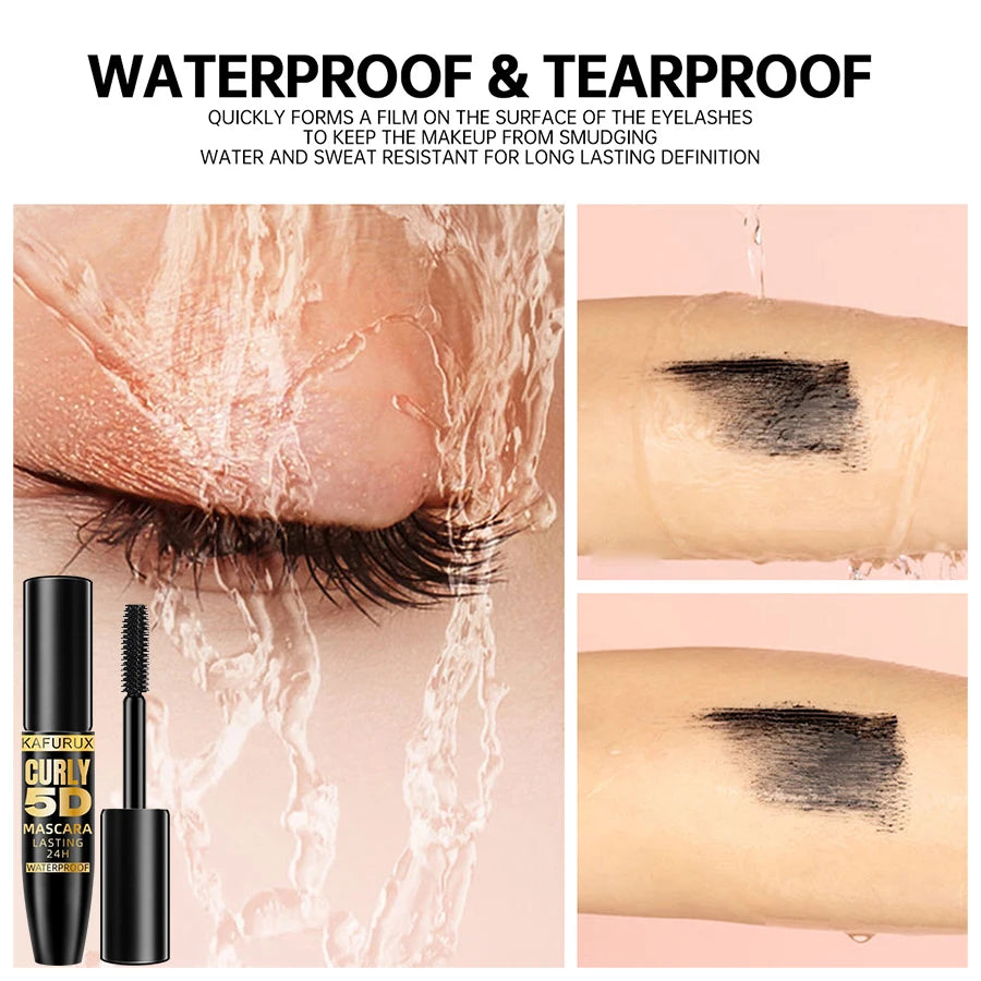 LAQTA 5D Black waterproof mascara wand with volumizing brush and thick, long-lasting black lashes.