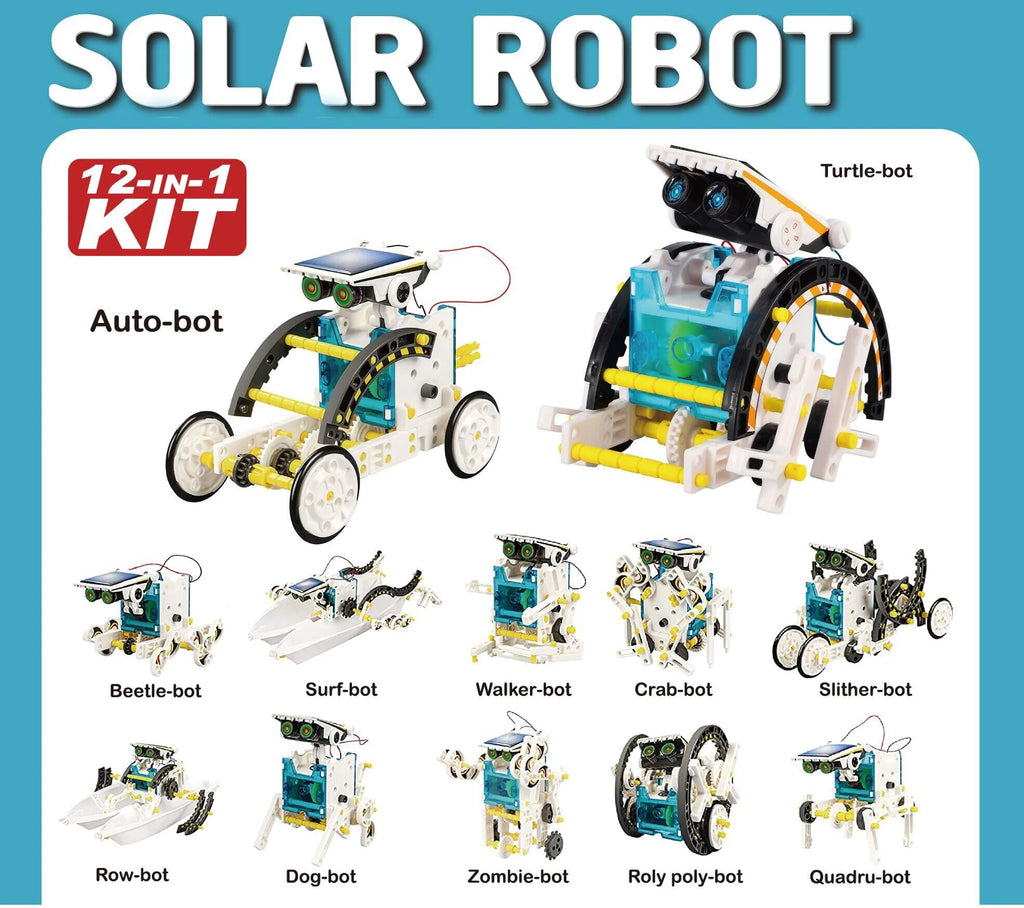 LAQTA 12-in-1 science experiment solar robot toy showing assembled solar-powered robot with colorful parts and tools for DIY projects.