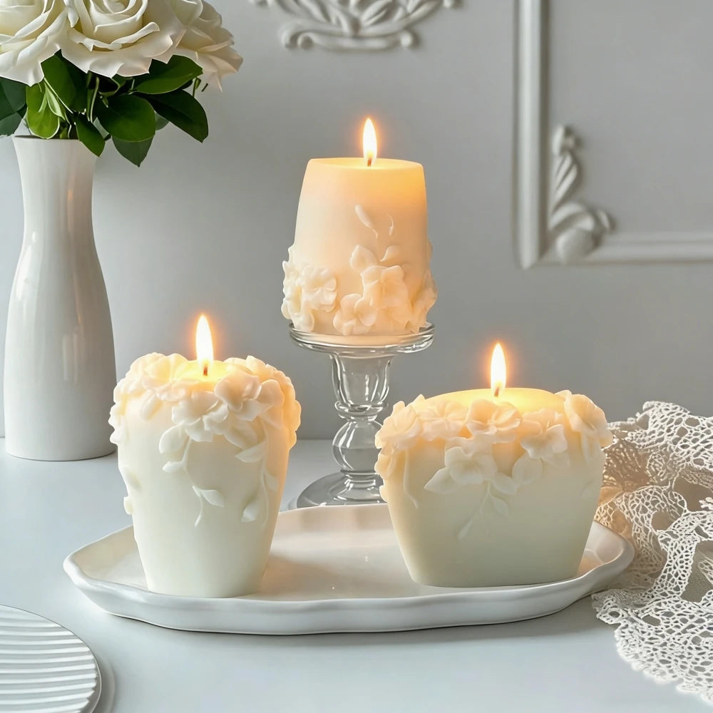 LAQTA Nordic Floral scented candle in a glass jar with floral design, perfect for creating a cozy atmosphere.