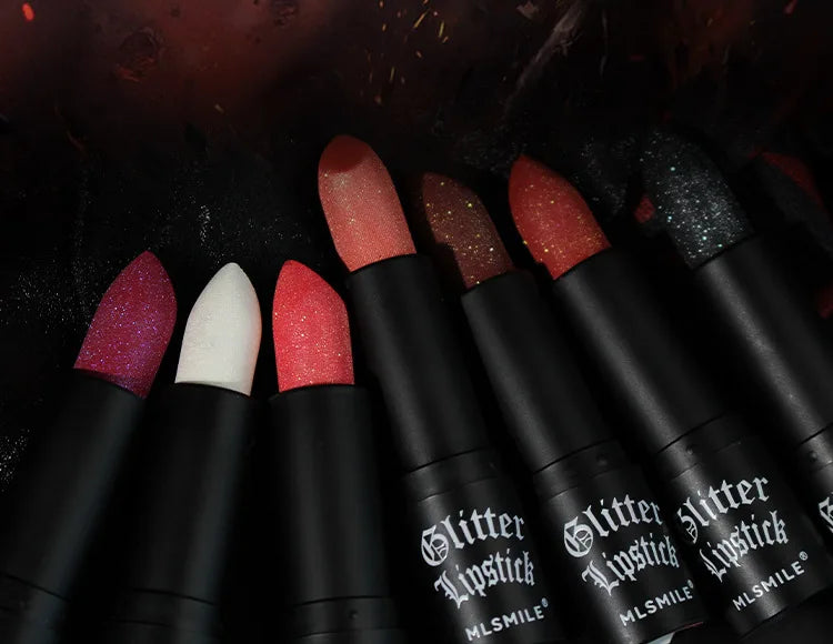 LAQTA waterproof glitter lipstick tube with shimmering, metallic finish, showcasing vibrant color and glossy texture.