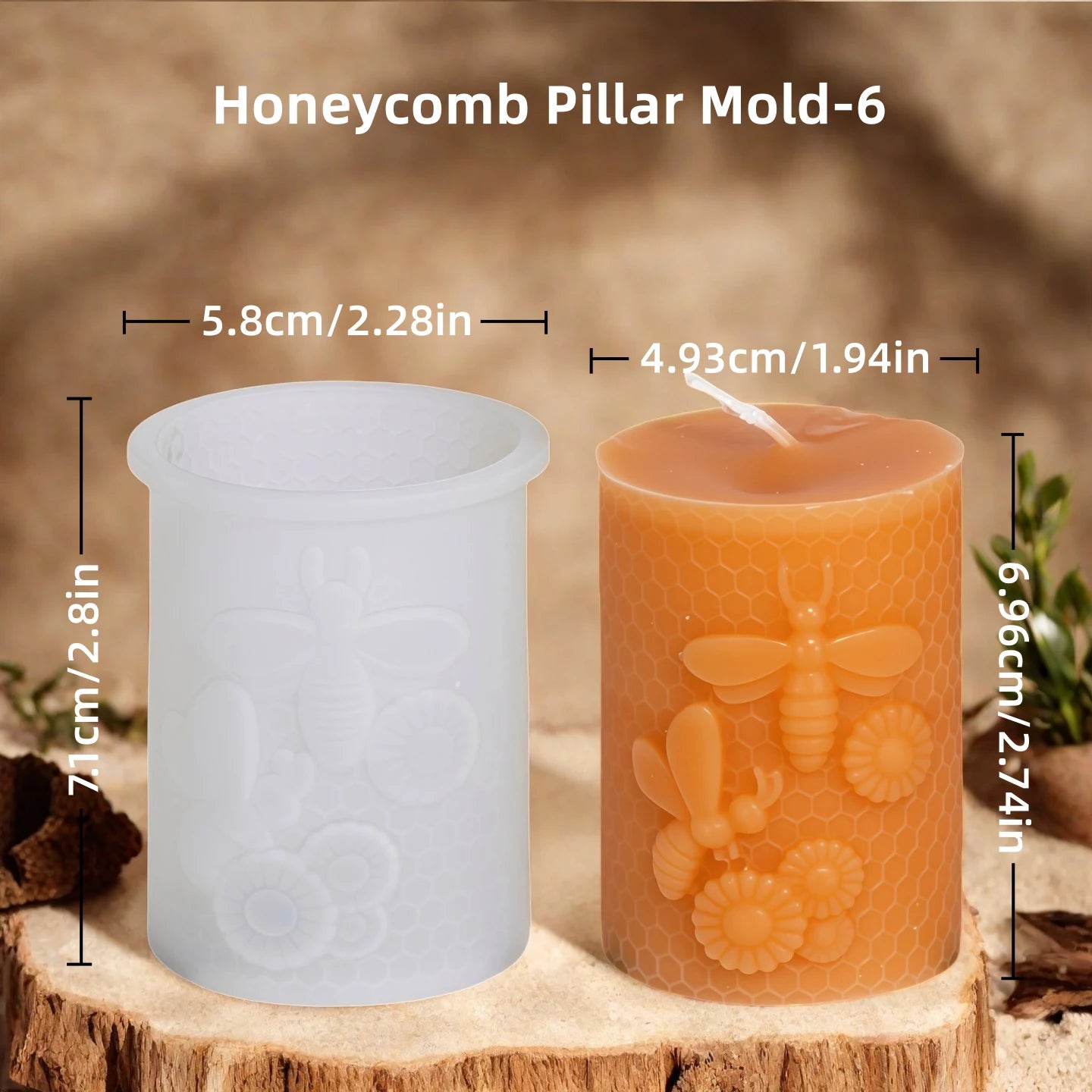 3D honeycomb pillar candle silicone mold by LAQTA showing textured honeycomb pattern and flexible silicone material.
