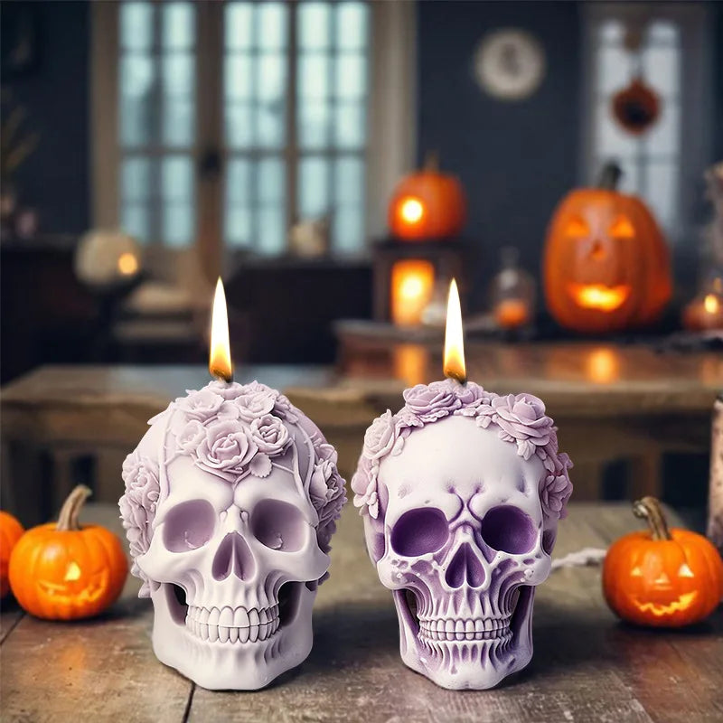 3D rose skull flower silicone candle mold by LAQTA showing detailed skull and floral design in flexible silicone material