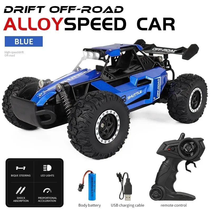 LAQTA off-road RC car climbing over rough terrain, showcasing durable tires and rugged design for off-road racing and adventure.