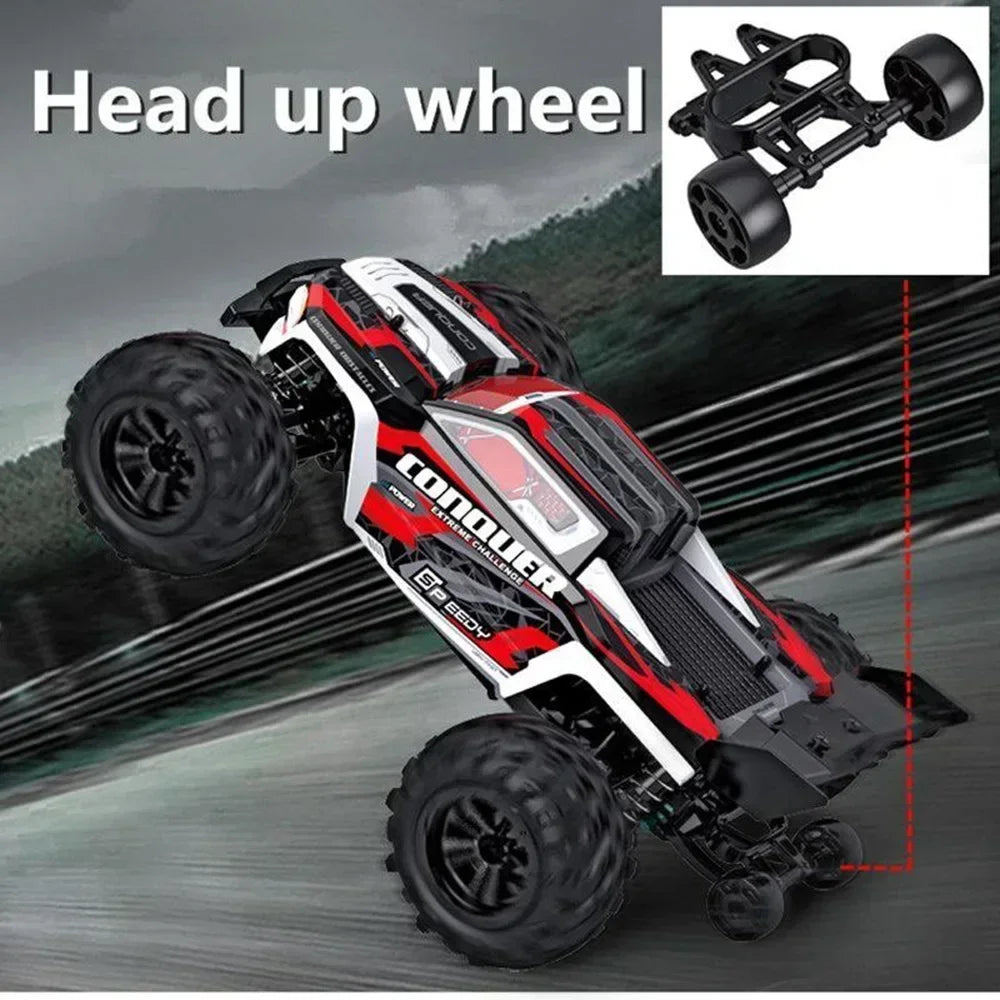 Large LAQTA RC car with 4WD and high-speed capability reaching 50km/h, shown on rugged terrain in action.