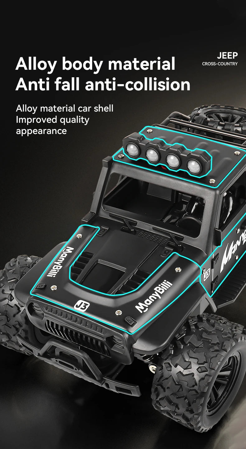 LAQTA 2.4GHz remote control Jeep shown in green with detailed exterior and rugged tires, perfect for outdoor play.