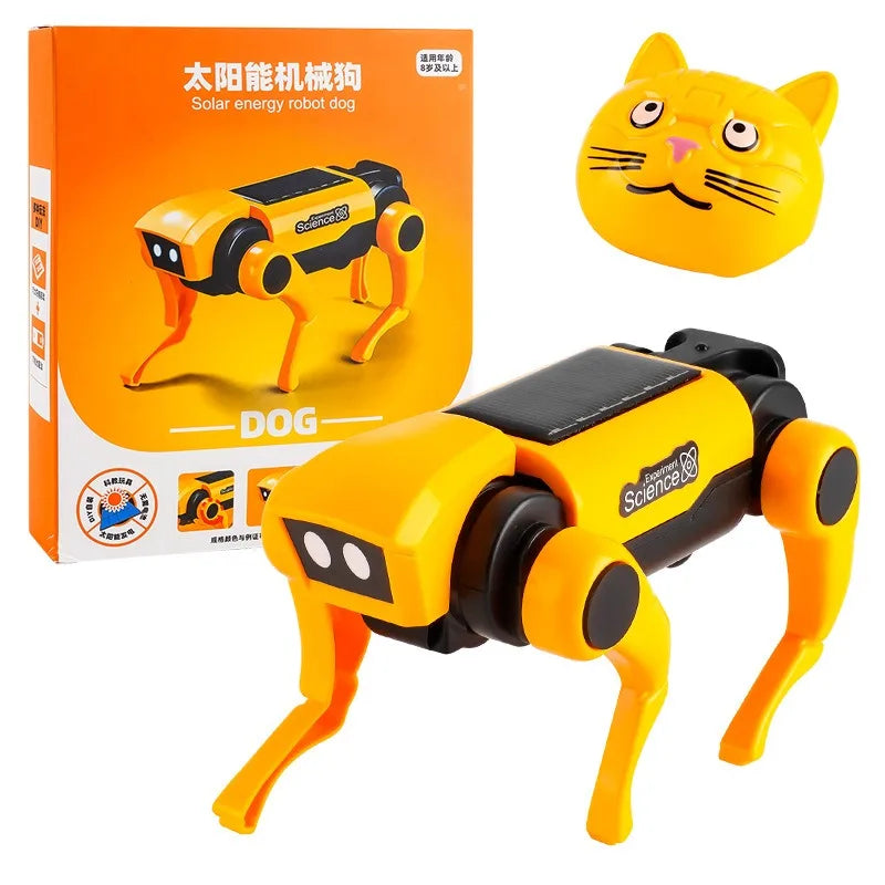 LAQTA Robot Dog Science Experiment Kit showing a small robotic dog with electronic components and tools for educational STEM activities.
