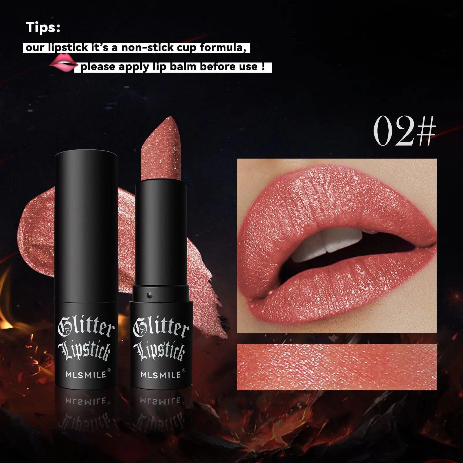 LAQTA glitter waterproof lipstick in vibrant shade, featuring a shiny, sparkly finish and smooth application.