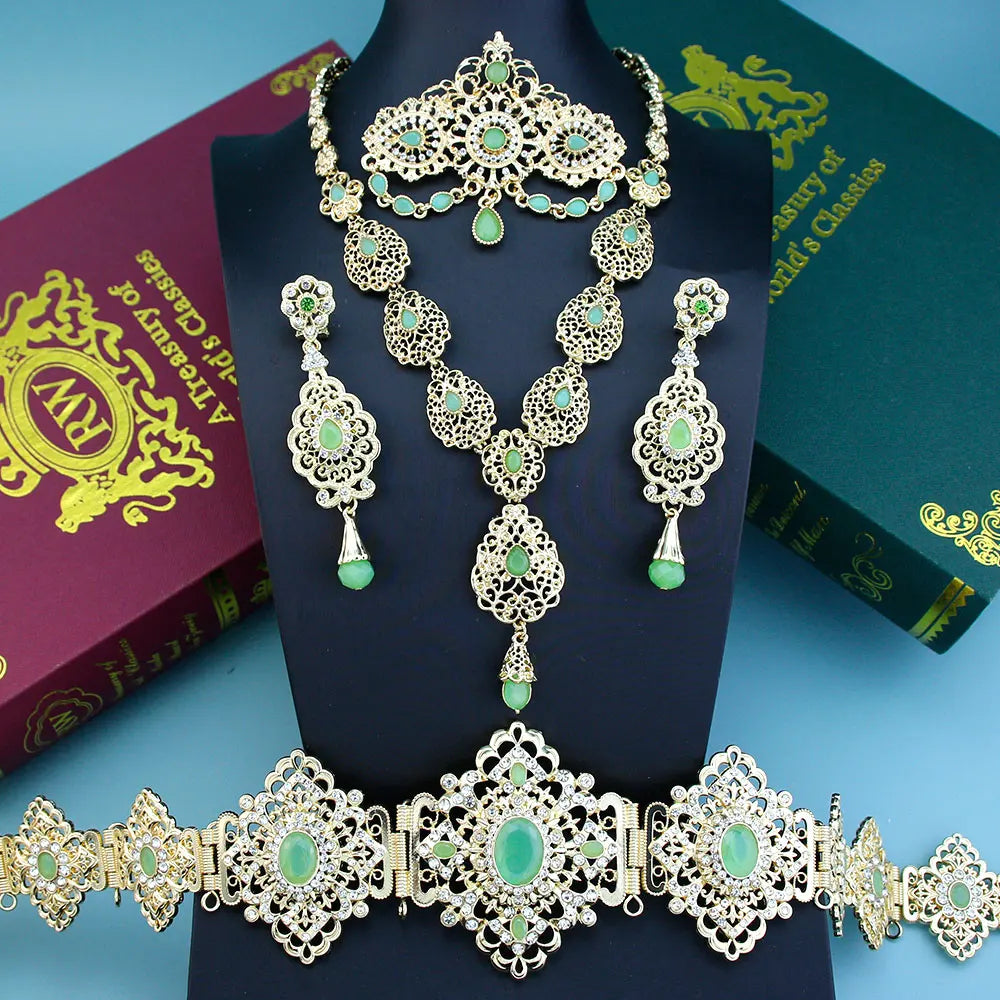 Elegant Arabic bride jewelry set by LAQTA featuring intricate gold and gemstone designs for traditional wedding attire.
