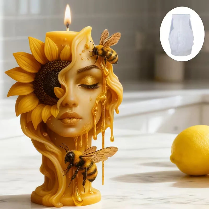 LAQTA sunflower and bee candle mold showing detailed sunflower shape with bee accents for crafting candles and decor.